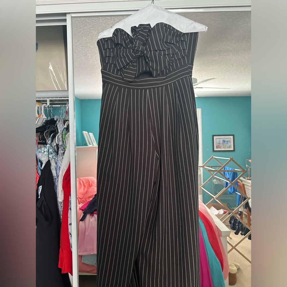 Black Strapless Striped Jumpsuit
